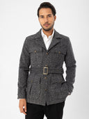 Herringbone Patterned Coat Belt Detailed