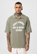 Michel Oversize Lapel Collar Motto Printed Short Sleeve T-shirt