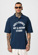 Michel Oversize Lapel Collar Motto Printed Short Sleeve T-shirt